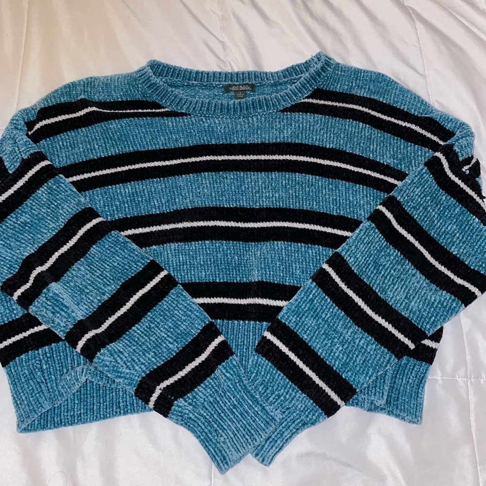 Blue and Black Stripped Crochet Cropped Sweater